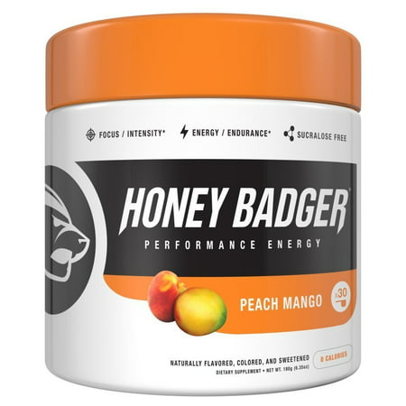 Honey Badger Performance Energy Natural Pre Workout for Men & Women (Peach Mango, 30 Servings, Sugar Free, Sucralose Free, Naturally Flavored & Sweetened, No Dyes, Beta-Alanine,