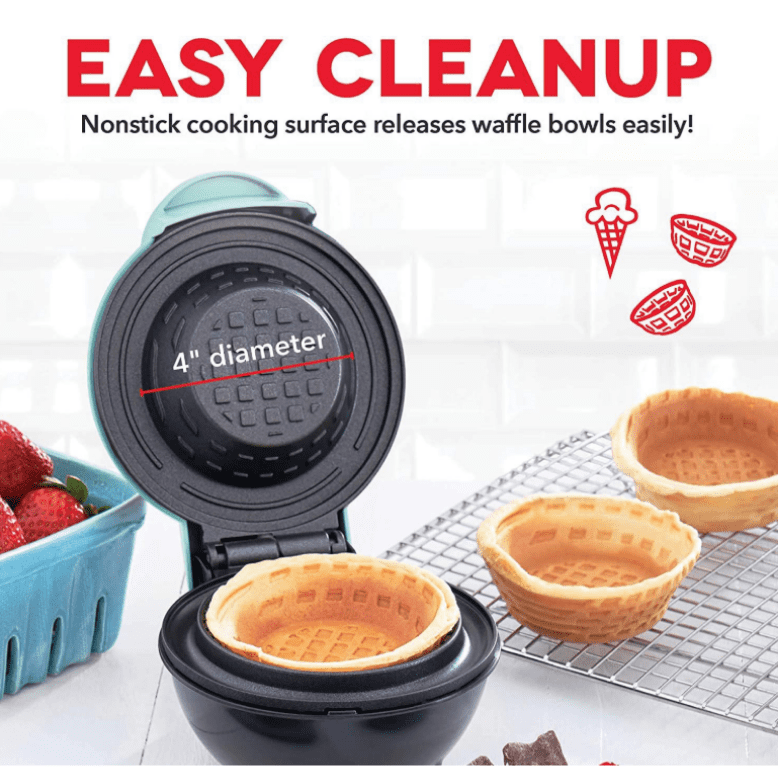 Salange Electric Waffle Bowl Maker - 350W Non-Stick Dessert Maker with Indicator Light for Ice Cream Bowls, Cones, and Breakfast Waffles, Turquoise