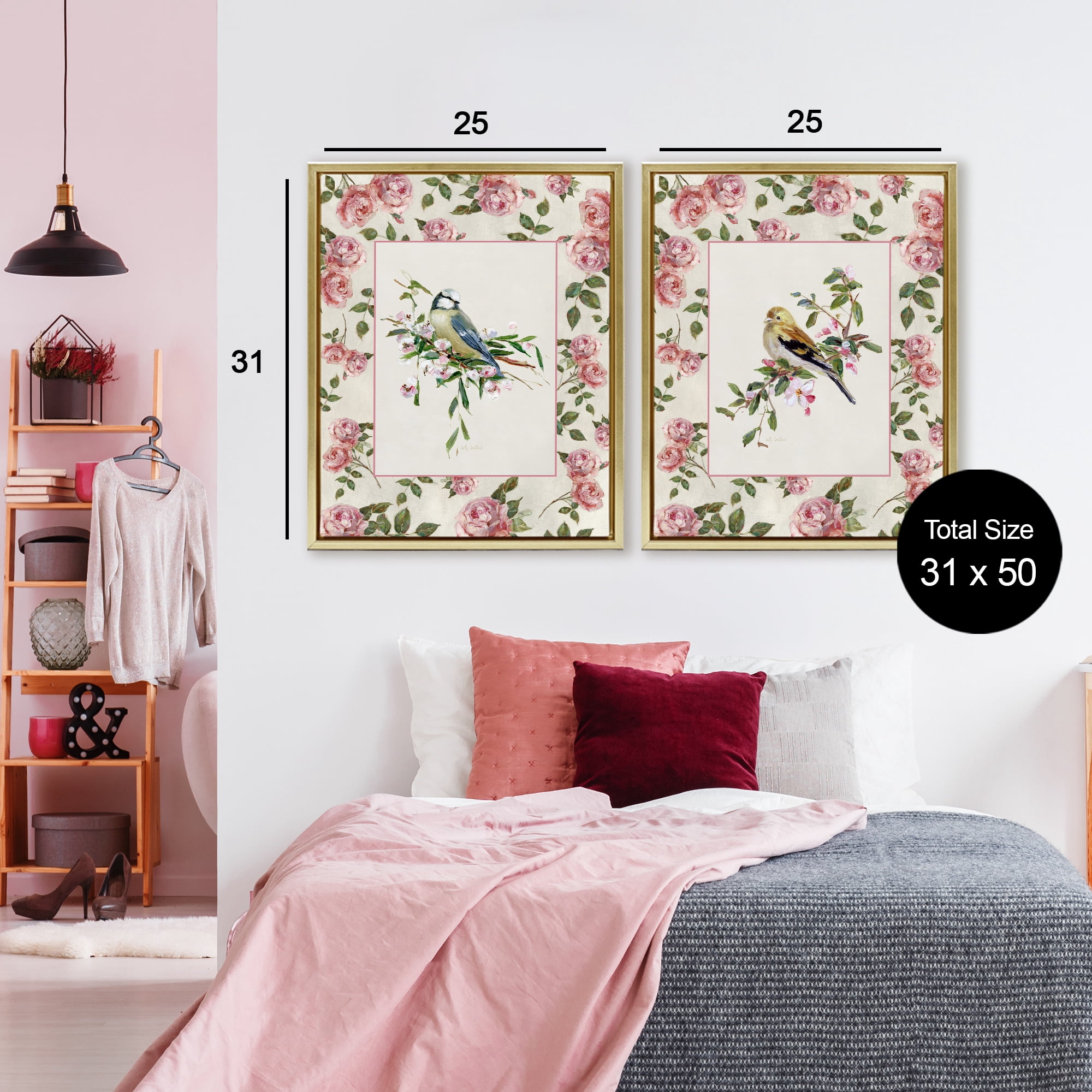 Stupell Industries Dainty Roses & Birds 2 Piece Gold Framed Floater Canvas Set, design by Sally Swatland