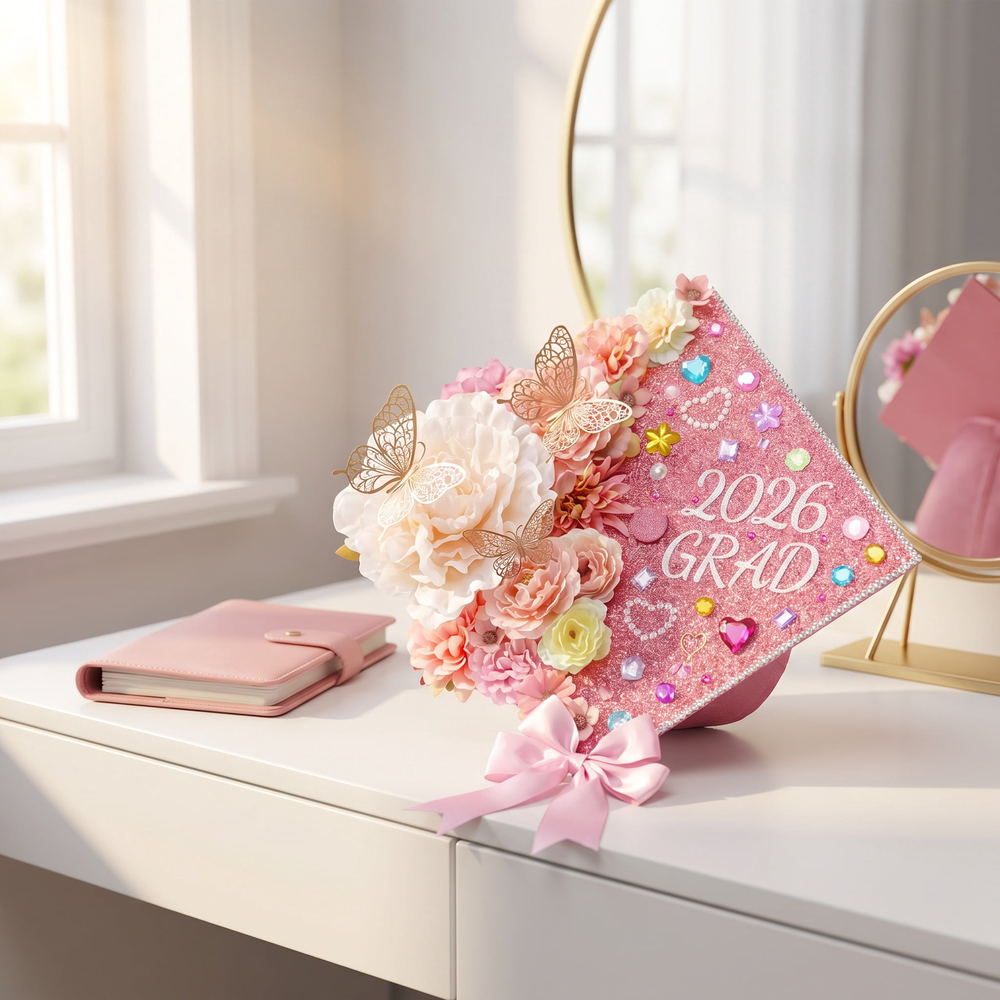 2026 Graduation Cap Decorations Kit, 56 Pcs DIY Grad Cap Topper Set with Artificial Flowers, Bow, 3D Butterflies, Glitter Letters, Rhinestones for High School College Graduation