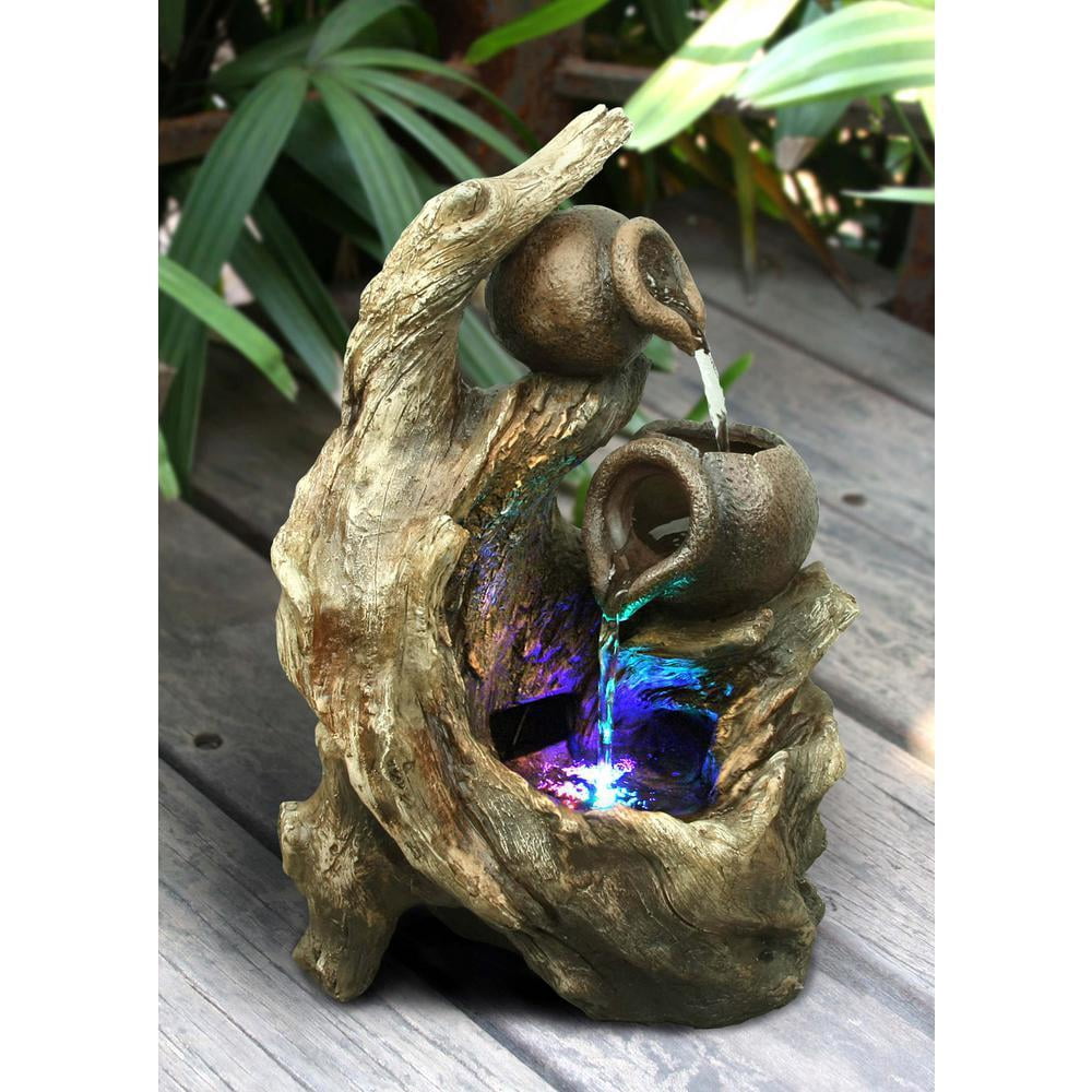 Hi-Line Gifts 14" LED RGB Lighted Jugs and Tree Trunk Outdoor Garden Fountain