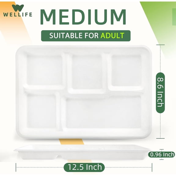 YUYAN-100% Compostable 5 Compartment Paper Plates, 100 Pack Disposable School Lunch Trays Divided Plates for Adult Youth, 12.5 * 8.6 inch Heavy Duty Eco-Friendly Bagasse Plate for Buffet and Party