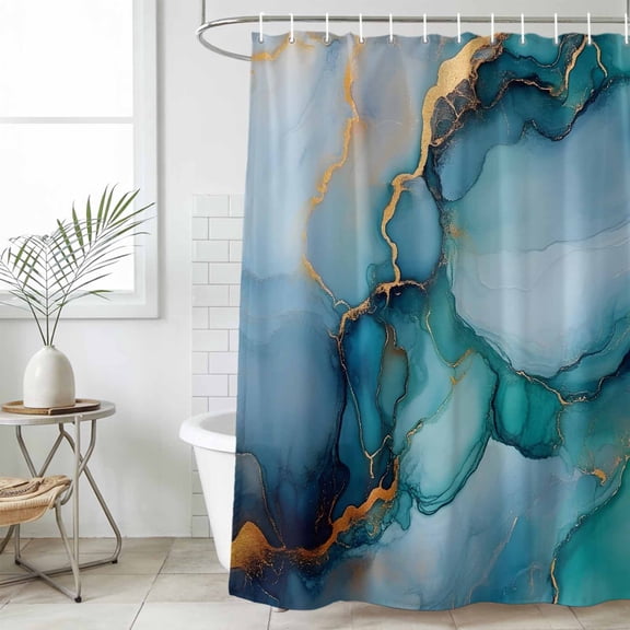 Teal Blue Marble Waterproof Fabric Shower Curtain,Abstract Artwork Aesthetic Waterproof Fabric Shower Curtain for Bathroom Curtains Bathtubs Hotel Washable Shower Curtains with 12 Hooks Small 36x72in