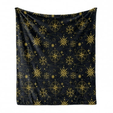 Compass Soft Flannel Fleece Throw Blanket, Bicolour Design of Windroses Stars and Dashed Lines Shapes, Cozy Plush for Indoor and Outdoor Use, 50" x 60", Night Blue Yellow, by Ambesonne