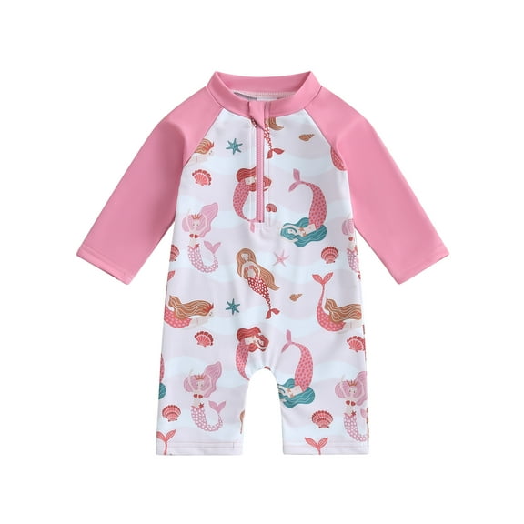 JYYYBF Kids Girl Rash Guard Swimsuits Mermaid Print Zipper Long Sleeve Swimwear for Toddler Bathing Suits Beachwear