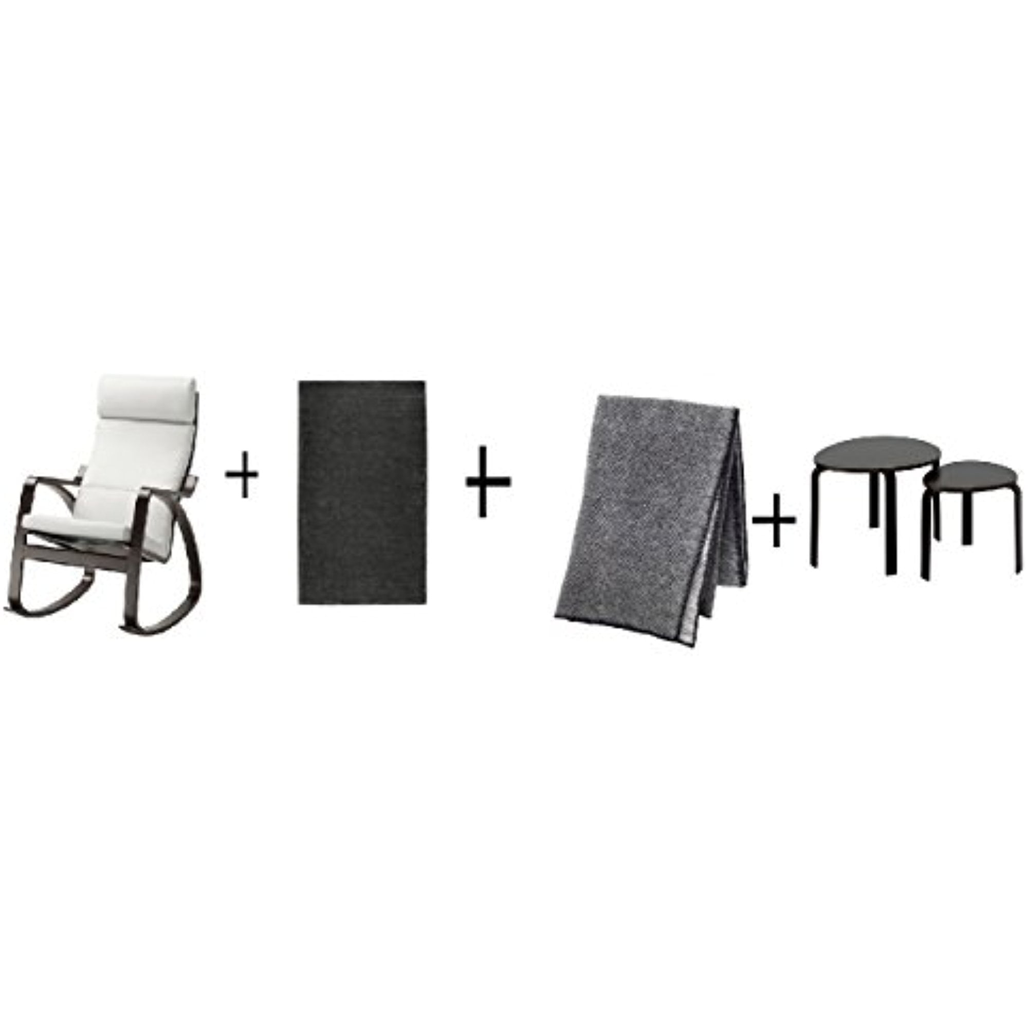 Ikea Rocking chair, blackbrown, Finnsta white, Throw, gray 59x79 " , Rug, high pile, dark gray