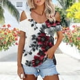 thumbnail image 5 of HomeDM Women's Cold Shoulder Shirts V Neck Short Sleeve T-Shirts Casual Loose Fit Floral Hollow Out Casual Tee Shirts S-2XL, 5 of 7