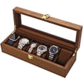 thumbnail image 1 of Caja de reloj, caja de reloj ejecutiva de 6 ranuras con valet, vitrina de madera con tapa de vidrio, organizador de relojes, caja de almacenamiento de joyas, 1 of 5