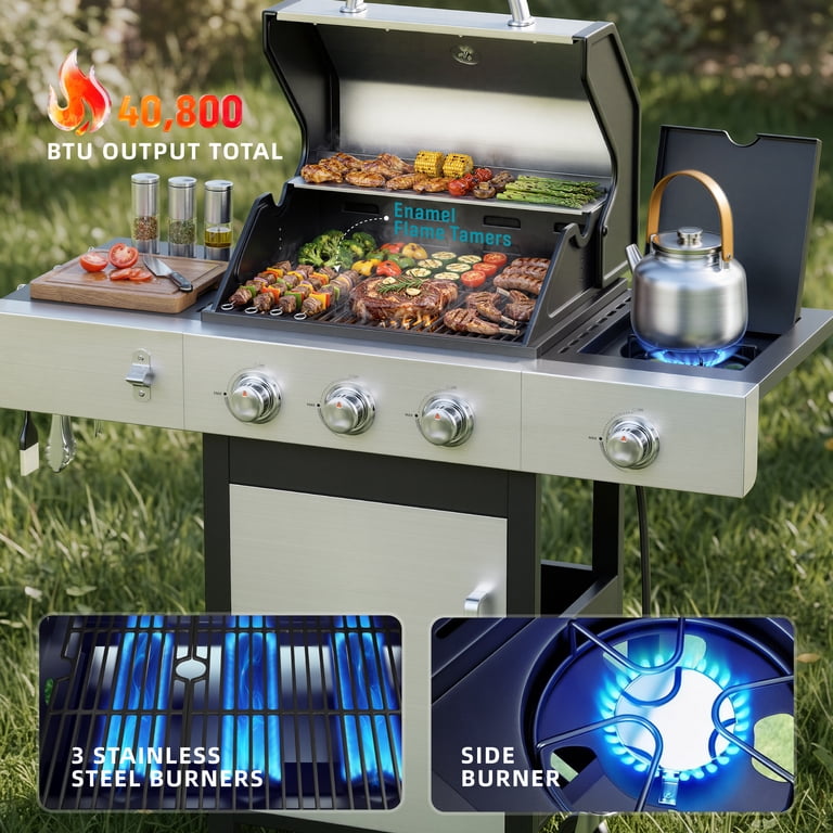 Furnibear 3-Burner Gas Grill, Propane Outdoor BBQ Grill with Side