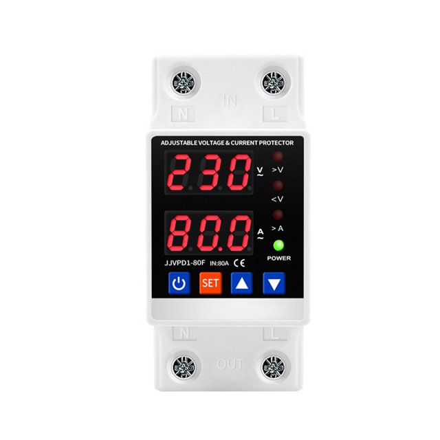 Dual Display 80A Din Rail Adjustable Digital Over Under Voltage Relay Surge Protector Limit Over Current Protection