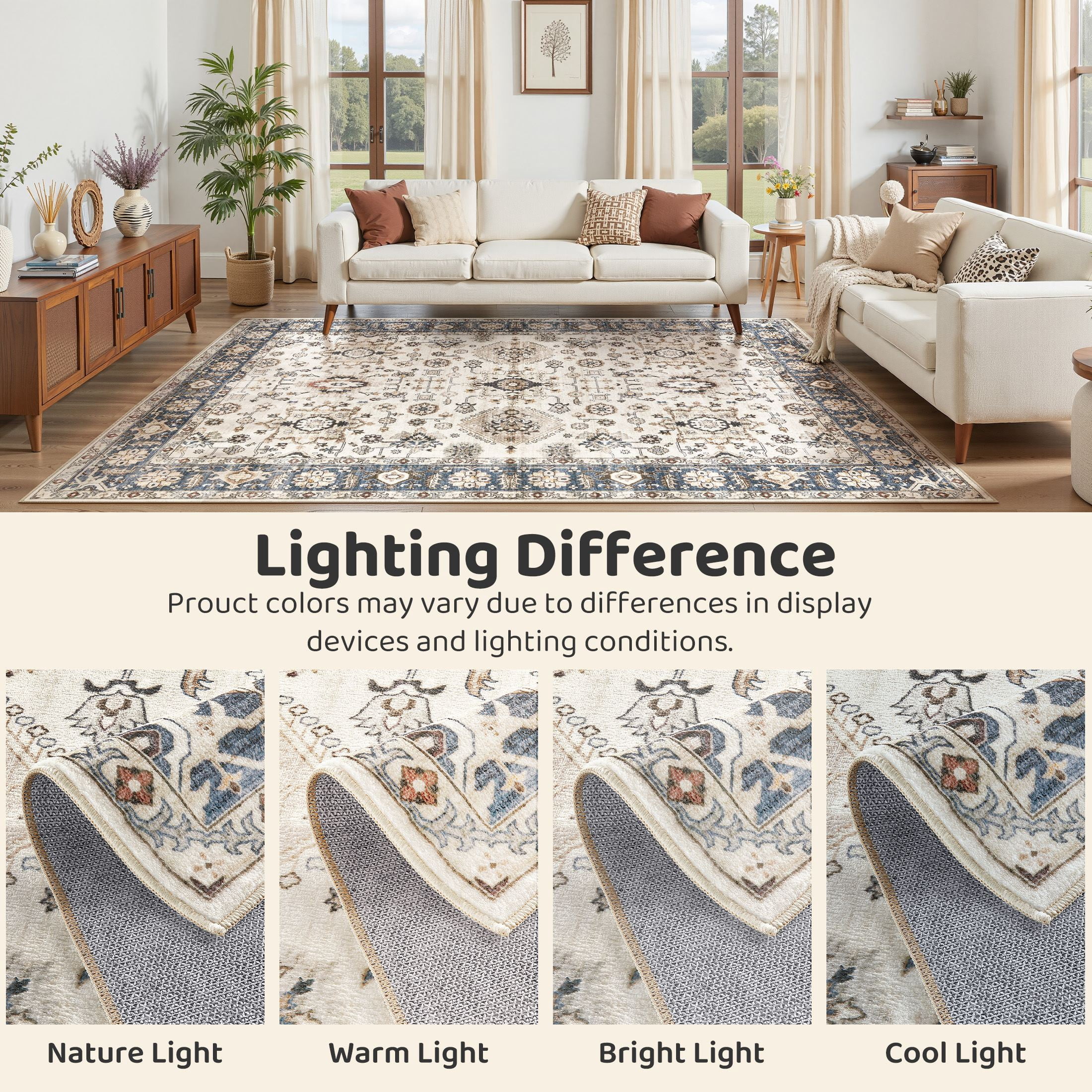 Uermei 10'x14' Large Area Rugs for Living Room: Non-Slip Indoor Carpet, Large Washable Vintage Foldable Rug for Bedroom Dining Room Office - Beige Blue