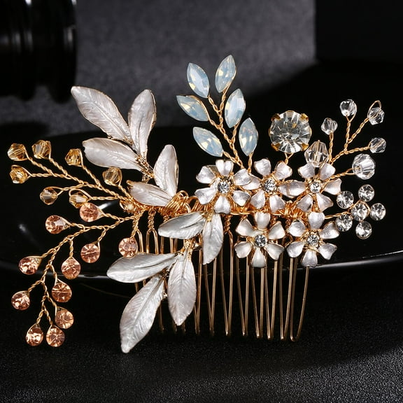 Gorgeous Wedding Headpiece For Bride And Bridesmaid Flower Hair Comb Colorful Rhinestone Bridal Hair Accessory (Gold)
