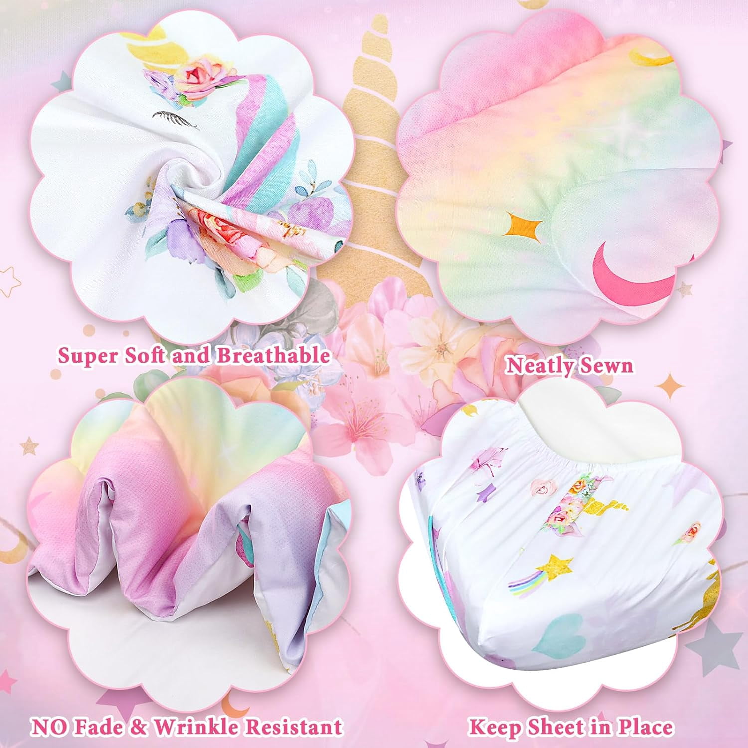 Toddler Bedding Sets for Girls, Unicorn Toddler Crib Bedding Set 4 Piece Pink Floral Toddler Comforter Set Includes Flat Top Sheet, Fitted Sheet, Comforter, Envelope Pillowcase, Soft & Comfort