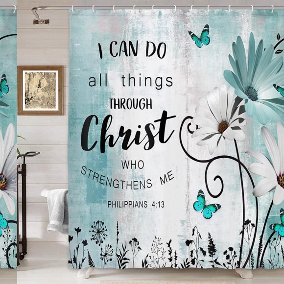 Boho Bliss Teal Daisy Shower Curtain - Inspirational Farmhouse Floral Bathroom Decor, 70x70IN