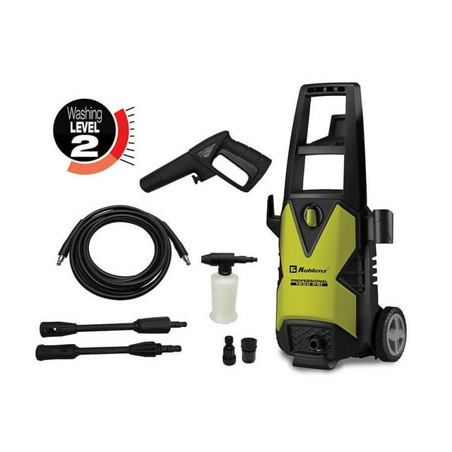 hidrolavadora 1650 psi koblenz hl270/ v verde/negro hidrolavadora vertical con ruedas y asa, panel frontal verde y negro con logo Koblenz; incluye pistola gatillo negra, manguera de alta presión (3 m), boquillas, adaptadores y frasco para jabón; flujo 4.5 l/min y paro automático según ficha; ideal para limpiar autos y espacios pequeños; suele usarse también para enjuagar patios pequeños.