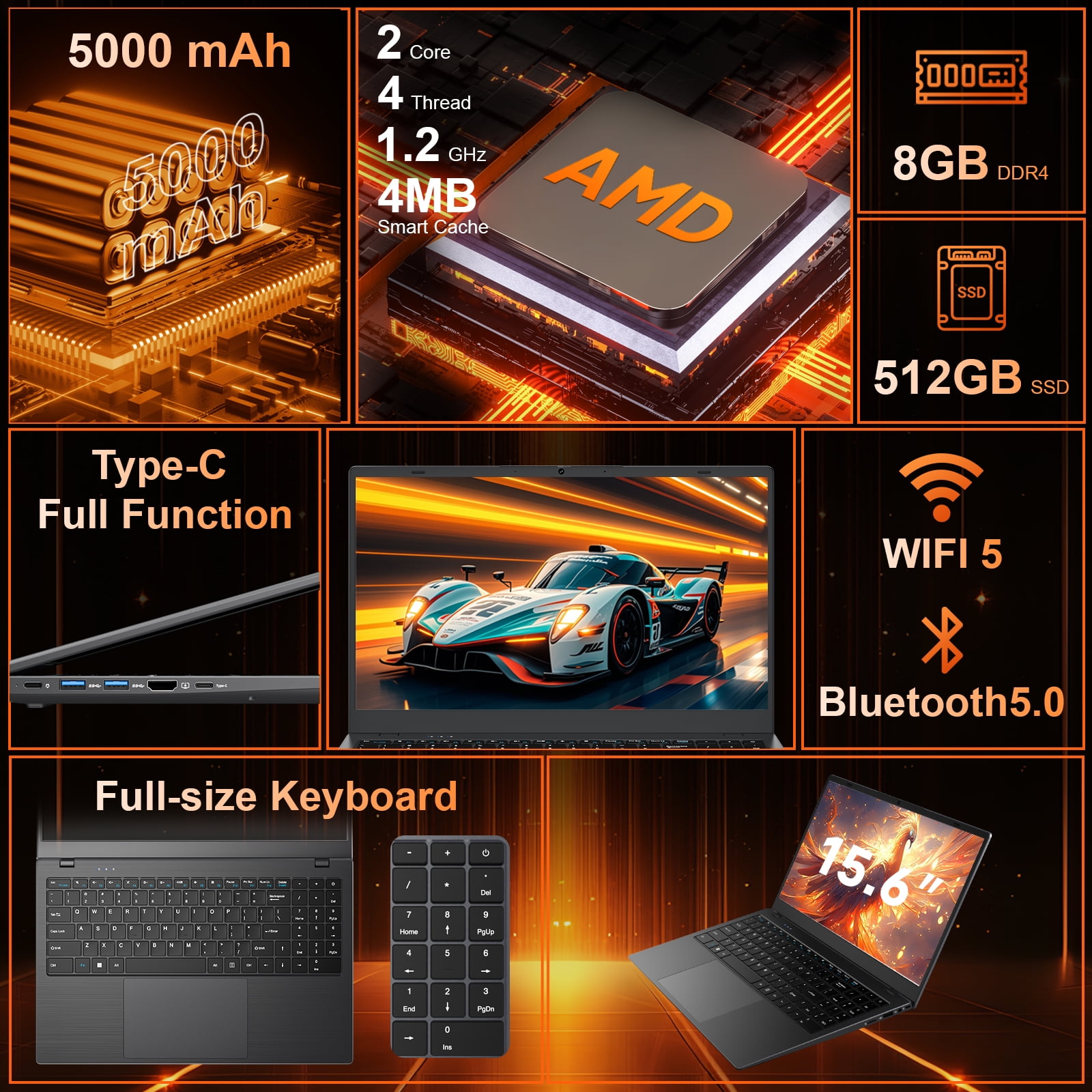 RNRUO 15.6" Windows 11 Laptop, Dual 8GB RAM, 512GB SSD, AMD 3020e with 2 Cores up to 2.6GHz, Office 2024, 1920x1080 Display WiFi5 BT5.0 for Student, Home Office, Business