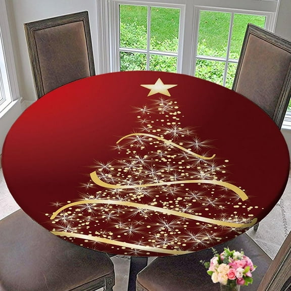 Christmas Tablecloth Christmas Tree On Decorative Background Round Fitted Table Cover Tablecloths for Dining Party Fit for Diameter 32.2"-36.1" Round Table, Style 114