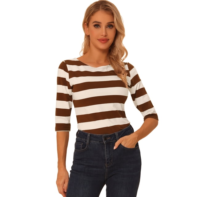 Disfraz de navidad Camisecon mangas de codo pamujer Camisebásiinformal con cuello de barco y corte ajustado Marrón XL