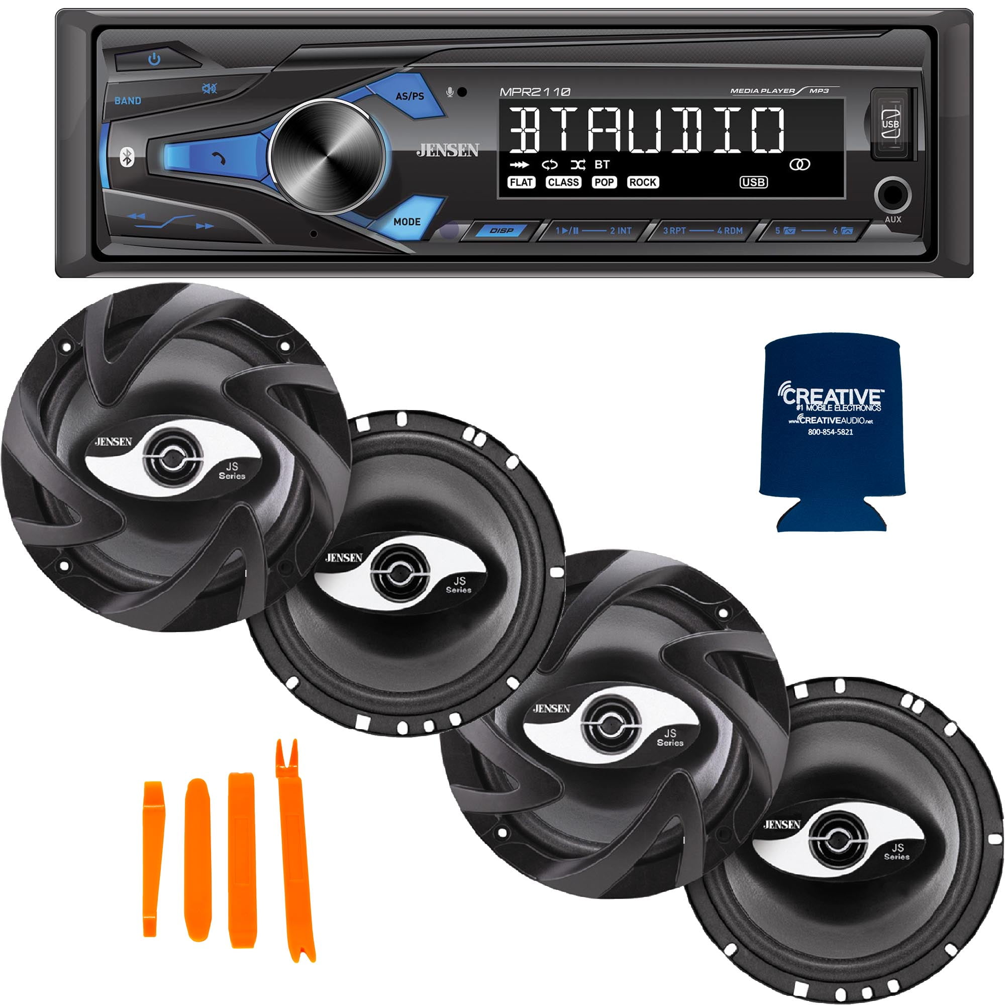 Jensen MPR2110 Single Din Mechless Receiver With Bluetooth and 2 pairs