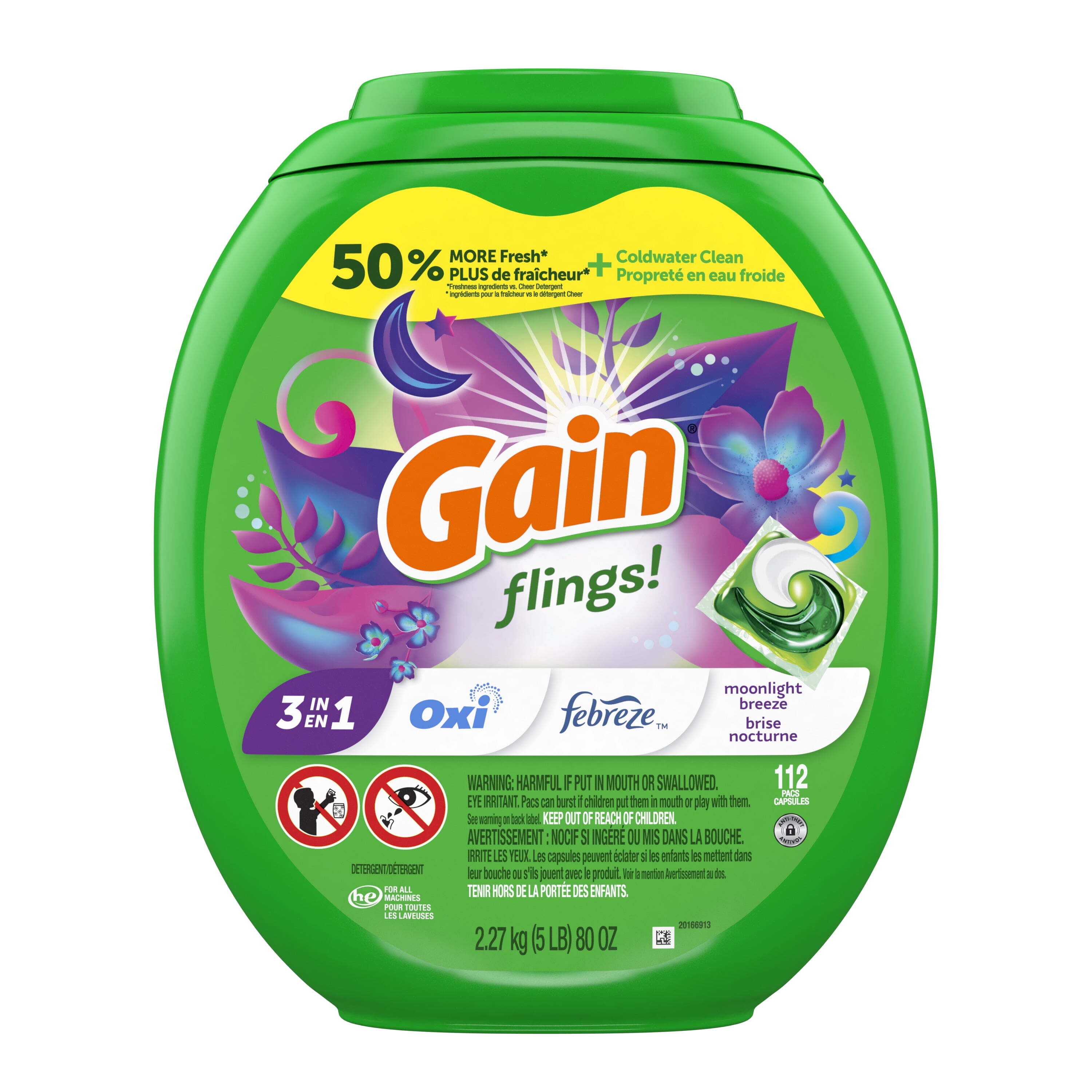 Gain Flings 3-in-1 Oxi Boost and Febreze Laundry Detergent Pacs, Moonlight Breeze Scent, 112 Count