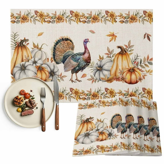 Thanksgiving Placemats Set of 1 Pumpkin Turkey Maple Leaf Heat Insulated Linen Place Mats, Washable Stain-Proof Table Mats for Dining Tables Holiday Decor 13x19inch