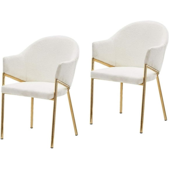 LivinVeluris Chaises de Salle à Manger Modernes, Ensemble de 2, Chaises de Cuisine Rondes Mi-Siècle, Tissu Bouclé Blanc avec Pattes en Métal Doré, Chaises de Salle à Manger, Chaise de Cuisine