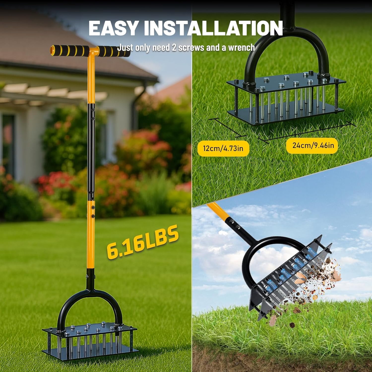 Lawn Aerator Tool With 16 Steel Spikes  Grass Tools Spring-loaded Design & Adjustable T-handle Pre-assembled Hand For Courtyard And Garden