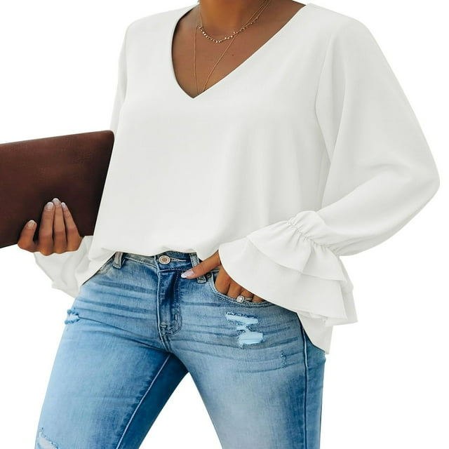 CNKOO Women‘s V Neck Ruffled Long Flared Sleeve Blouses Casual Loose Tops Sizes S-2XL