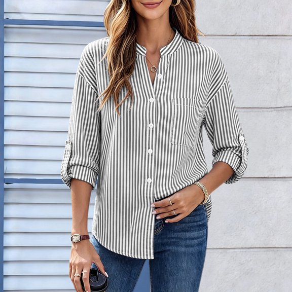 Warop Button Down Shirts for Women 3/4 Sleeve Striped Tops V-Neck Business Casual Shirt with Pocket and Roll-Tab Sleeves