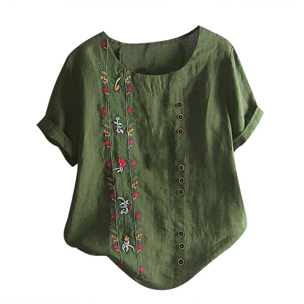 Gibobby Playera Moda Las mujeres camisas sueltas y Casual Flowers Cotton Lavender Linen imprimieron la blusa de las mujeres(Verdinegro, XXXL)