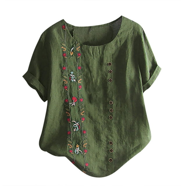 Hauts de Printemps pour Femmes Décontractés et Imprimés Fleurs Blouse à Manches Courtes Col Rond T-Shirts pour Femmes Vert Armée XXXXXL