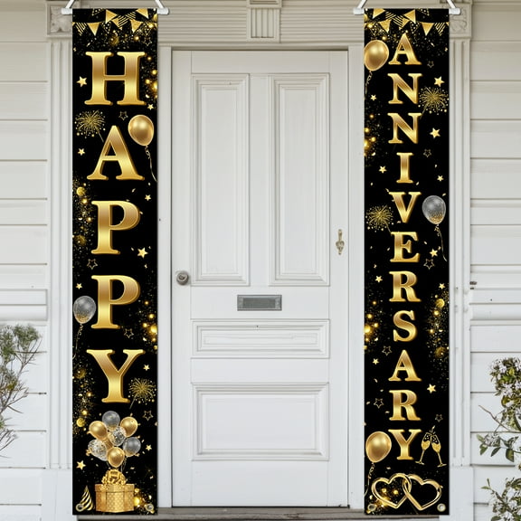 Mocsicka Happy Anniversary Banner Black Gold Anniversary Decorations Wedding Anniversary Decorations