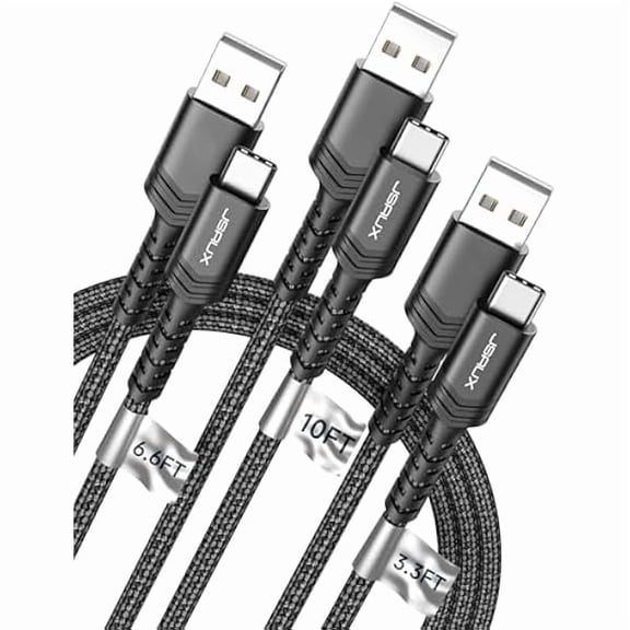 USB C Cable 3.1A Fast Charging, 3-Pack (10ft 6.6ft 3.3ft) USB A to Type C Charge Cord Compatible with iPhone 16e/16 Pro/16 Pro Max/15, Samsung S24 S22 S20 Note 20, , USB C Charger(Black)