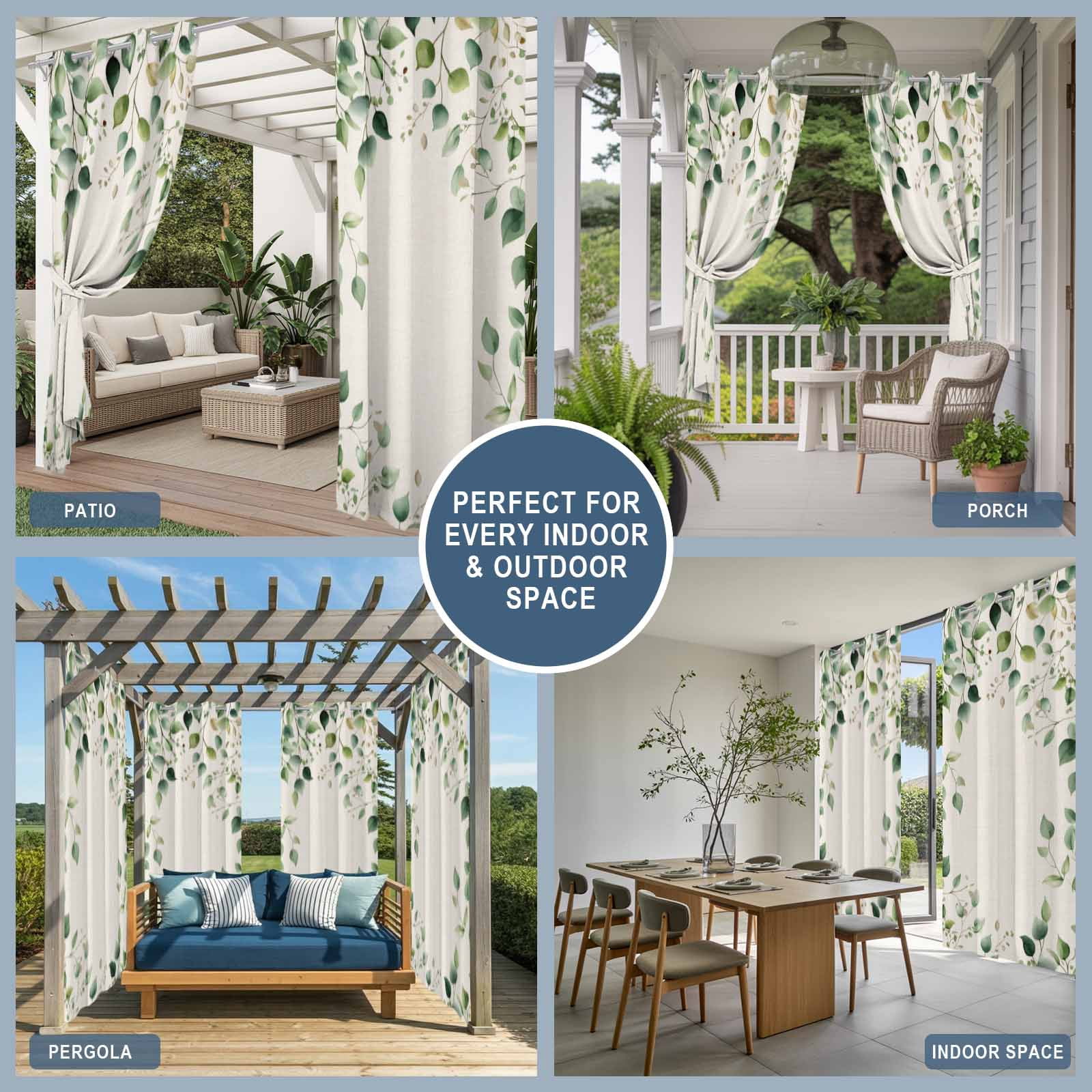 Outdoor Curtains for Patio Waterproof, Eucalyptus Leaf Windproof Pravicy Outside Porch Blackout Curtain, Watercolor Green Plant Vintage Country Sun Blocking Grommets Curtains for Cabana 54"x95"