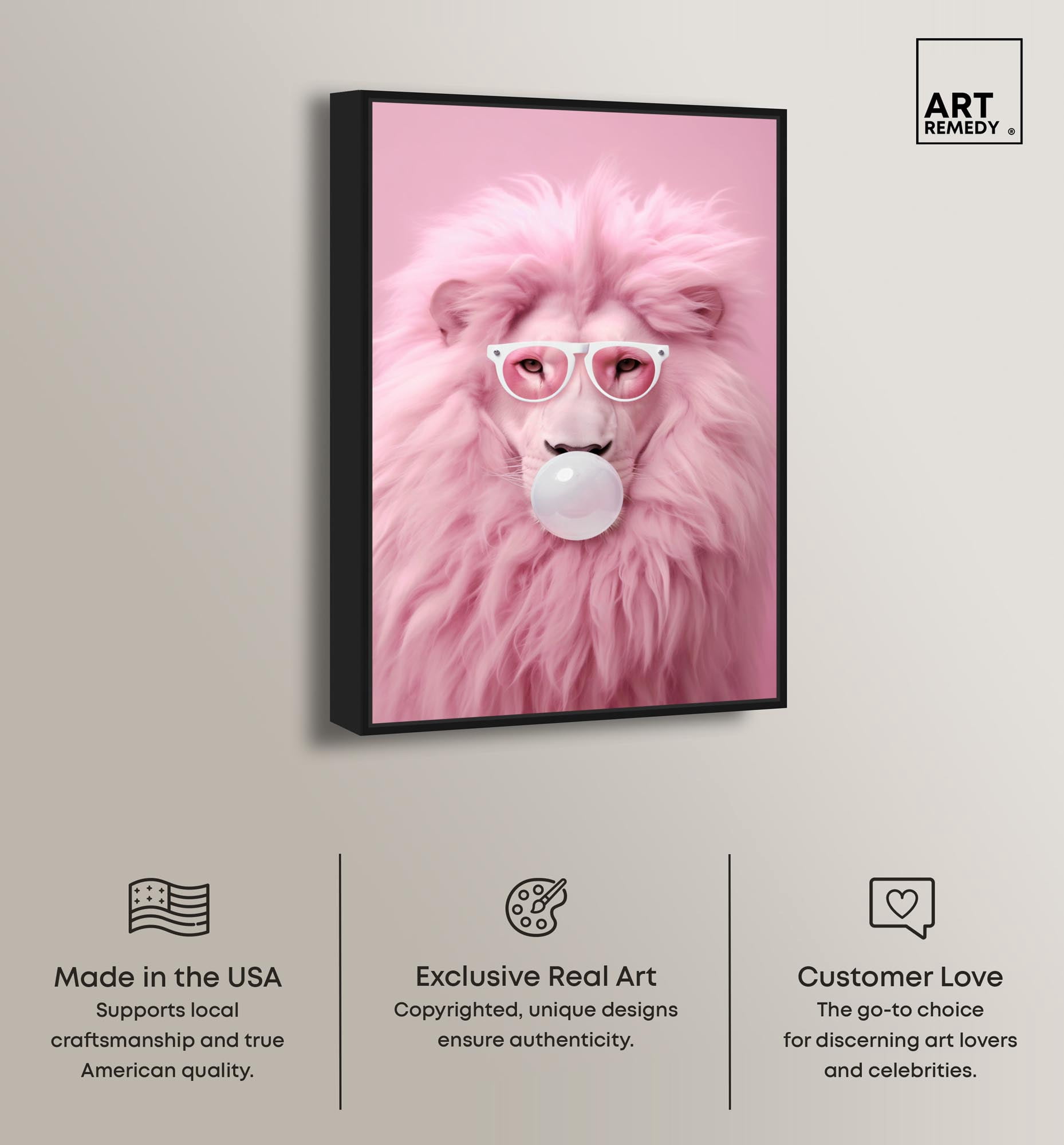 Majestic Bubblegum Lion Canvas Fashion Prints by Art Remedy, Black Frame, 36" x 54"