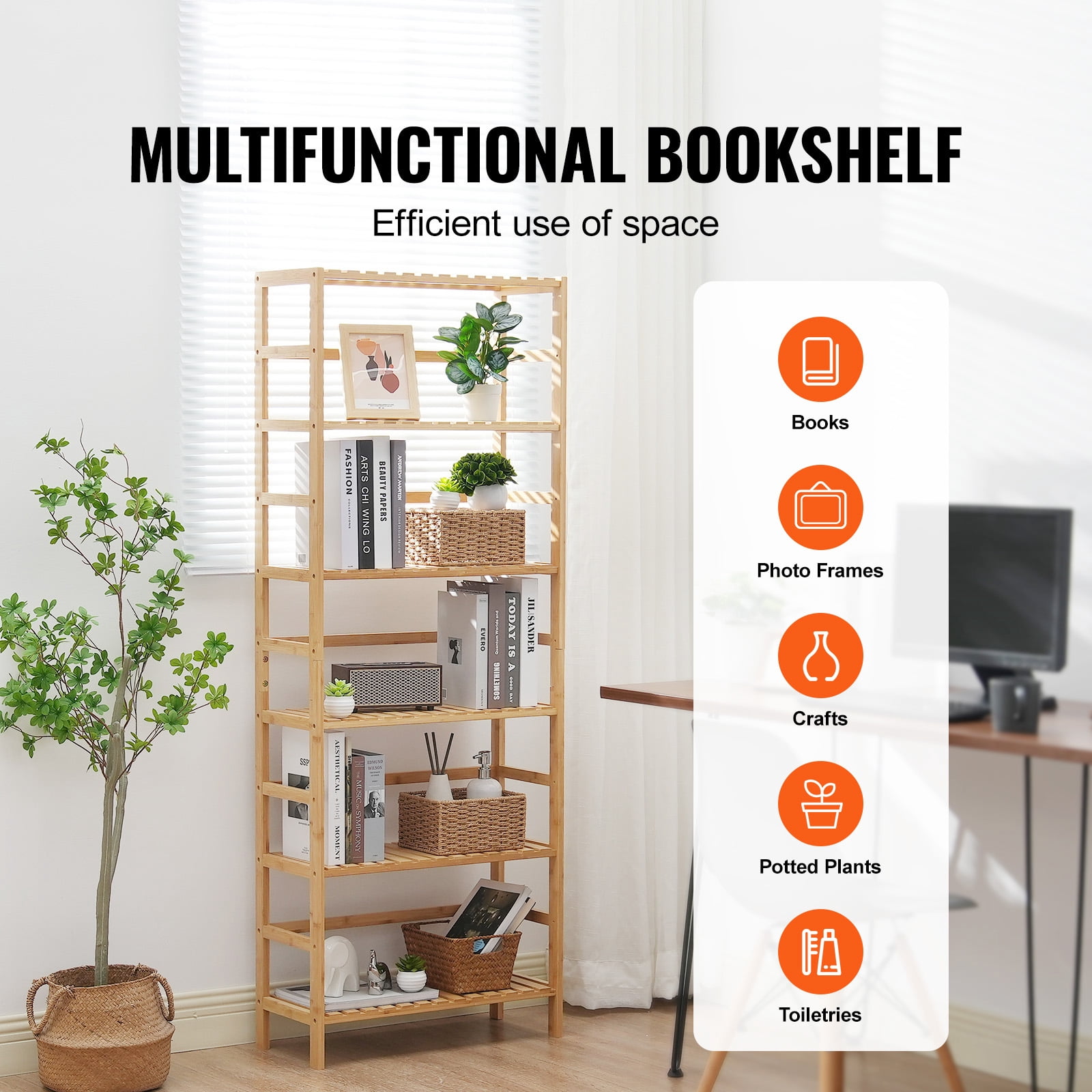 KFFKFF 6-Level Bamboo Rack, Uncovered Wooden Bookcase, Showcase Organizer, Independent Floral Plant Holder, Versatile Bamboo Shelving Perfect for Restroom, Sleeping Quarters, Workspace