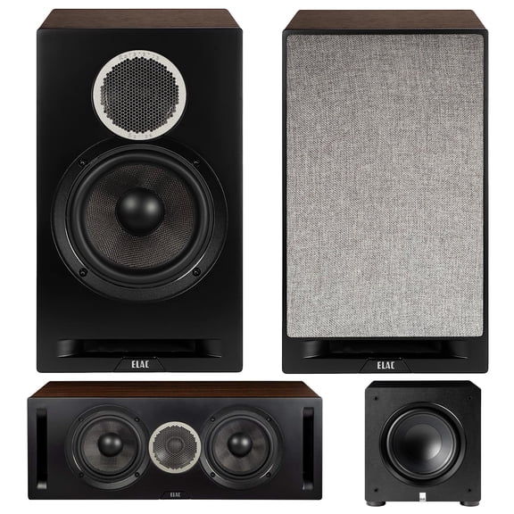 ELAC DBR62-BK Debut Reference Bookshelf Speaker Pair with a ELAC DCR52-BK Debut Reference Center Speaker with 5.25" Woofers and a ELAC PS250-BK Varro Premium 10" 250W Subwoofer with App Control (2019)