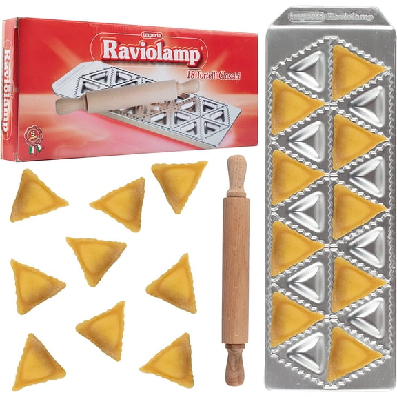 Mini Ravioli Tray with Wooden Roller By Imperia - Italian Stainless Steel - Makes 18 Raviolamp, Pasta Making Set is Portable and Easy to Use, Authentic Homemade Italian Cooking, Great Gift