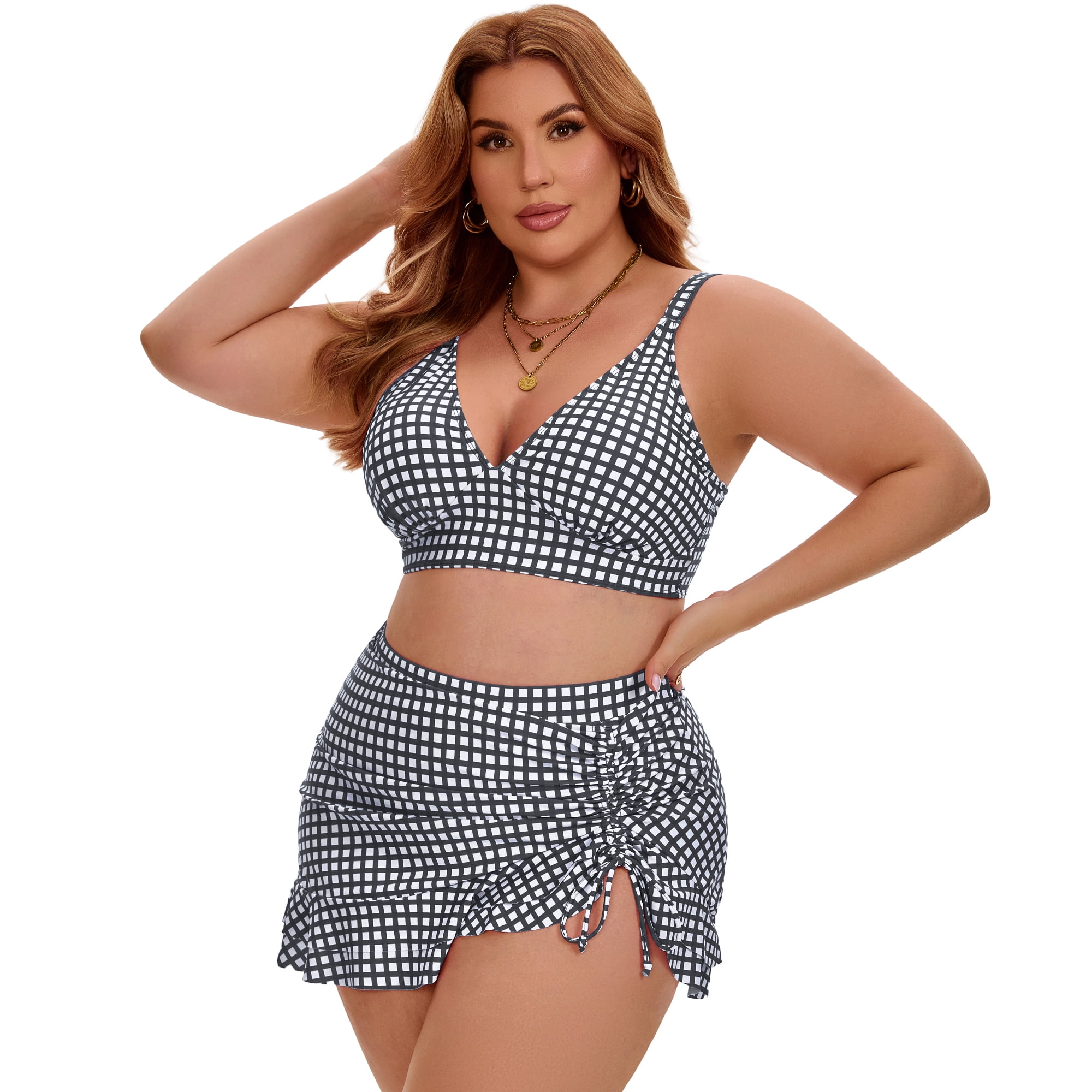 DARING DIVA Women's Plus with Retro Gingham High Waisted Bikini L Gray
