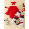 thumbnail image 3 of Infant Baby Girls Christmas Romper Long Sleeve Jumpsuit Elk Print Flare Pants Bow Headband Set, 3 of 9