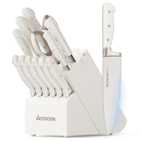 Astercook 14-Piece Knife Set with Block and Built-in Sharpener, Professional Full-Tang Kitchen Knife Set, Elegant Cream White Design for for Modern Kitchens and Housewarming Gifts
