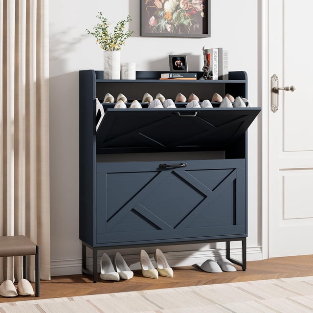 Shoe Storage Cabinet with Flip Drawers Freestanding Shoe Organizer Shoe Cabinet with Metal Legs Narrow Shoe Rack Cabinet Farmhouse Slim Shoe Cabinet for Entryway Hallway