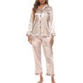 thumbnail image 4 of Women Pajamas Set Long Sleeve Notched Collar Button Down Soft Satin Pjs Sleepwear, 4 of 8