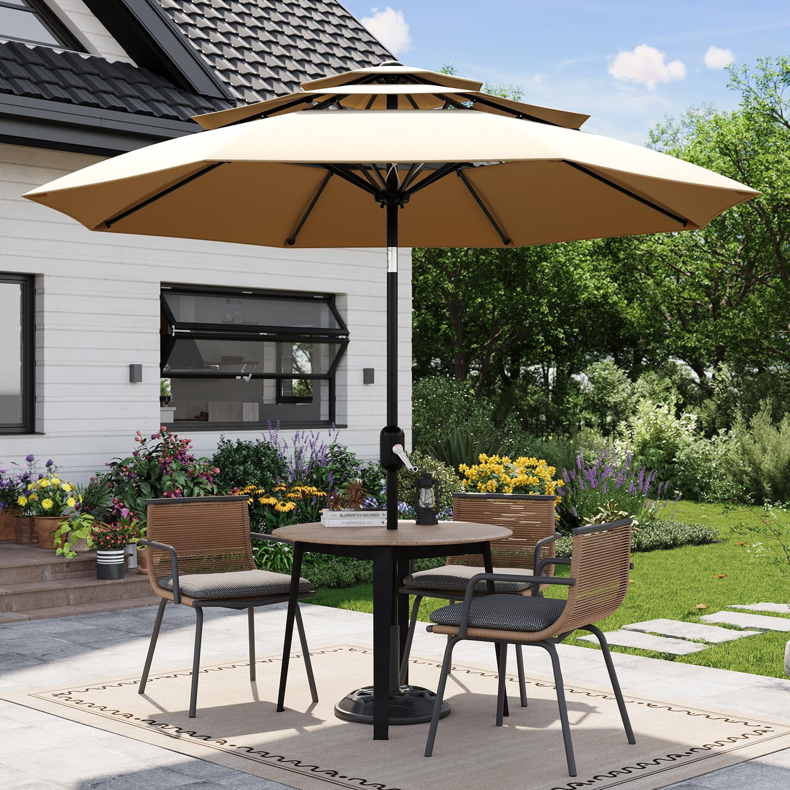 QinaQin Vented Patio Umbrella,8 Sturdy Ribs,Easy Crank & Tilt,Outdoor Market Table Parasol,Brown