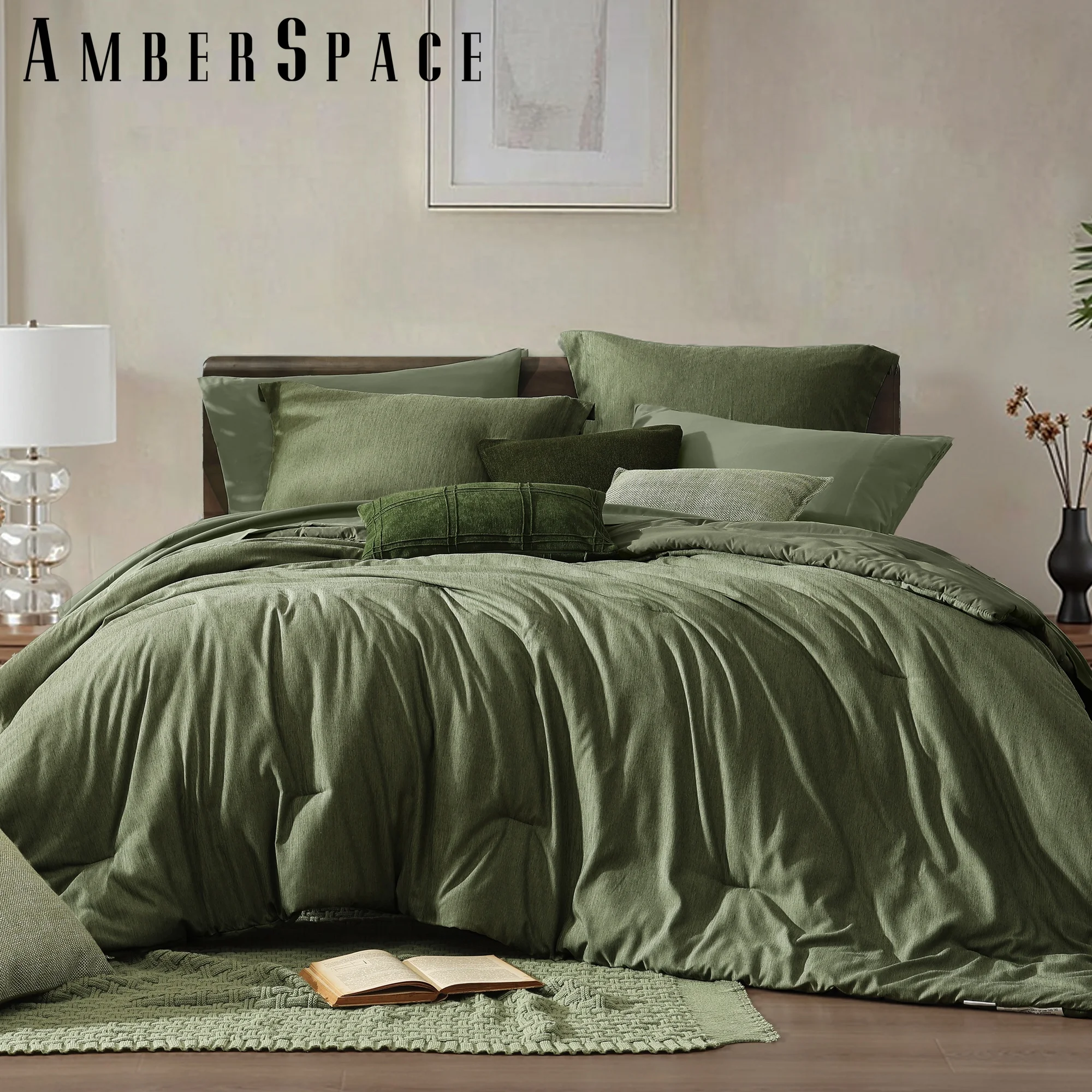Amberspace Cationic Dyeing 7-piece Bed in a Bag Comforter Set with Sheets,Olive Green,Queen