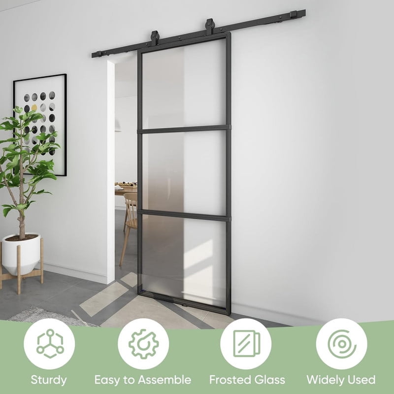 Easy4Home 32"x84" Frosted Glass Sliding Barn Door with Track and Hardware Kit