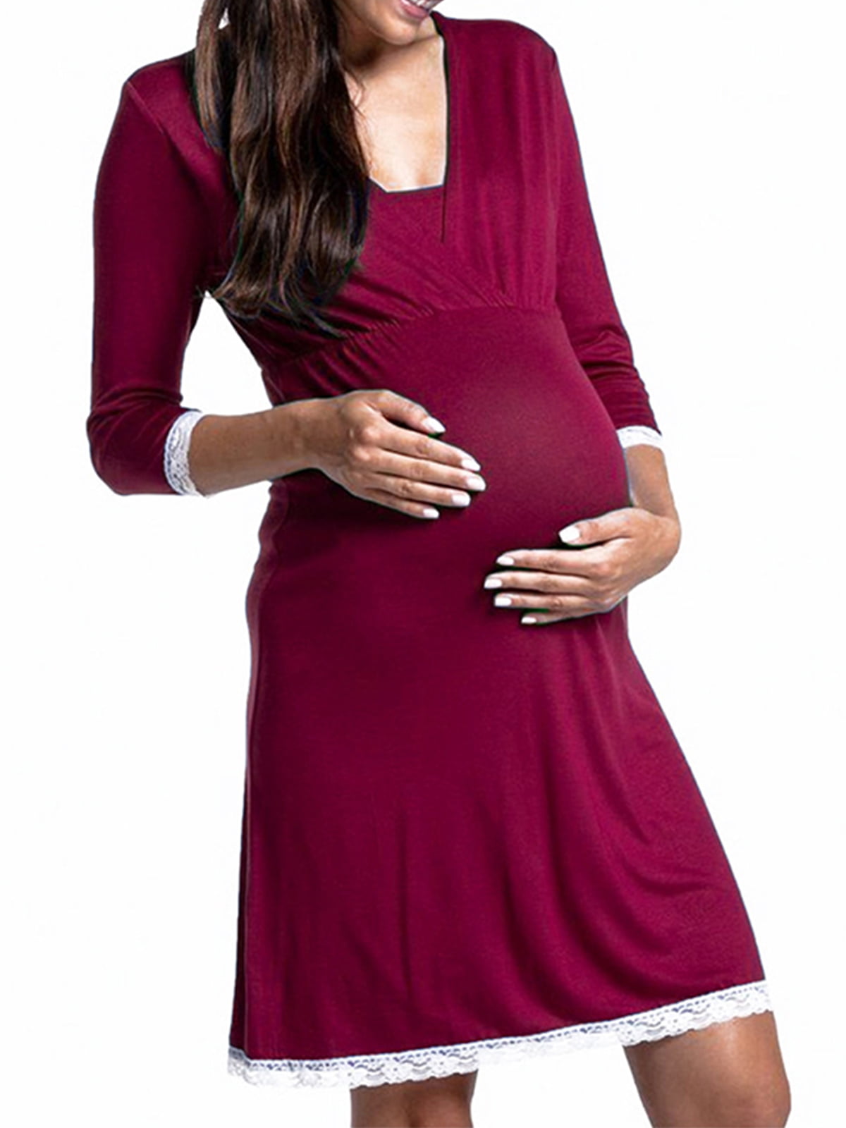 iLoveSIA Maternity Dress 3/4 Length Sleeve 2 in 1 V-Neck Casual Easy Breastfeeding Dress Soft Loose Nursing Nightdress Nightgown