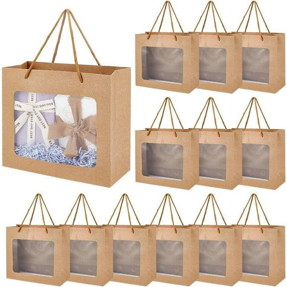 16pcs Gift Bags with Transparent Window Kraft Paper Shopping Bags with Handle
