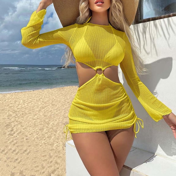 PWPSG Knitted Mesh Long Sleeve Cutout Cover Up Dress with Built In Bikini Lining Swimsuit Yellow S