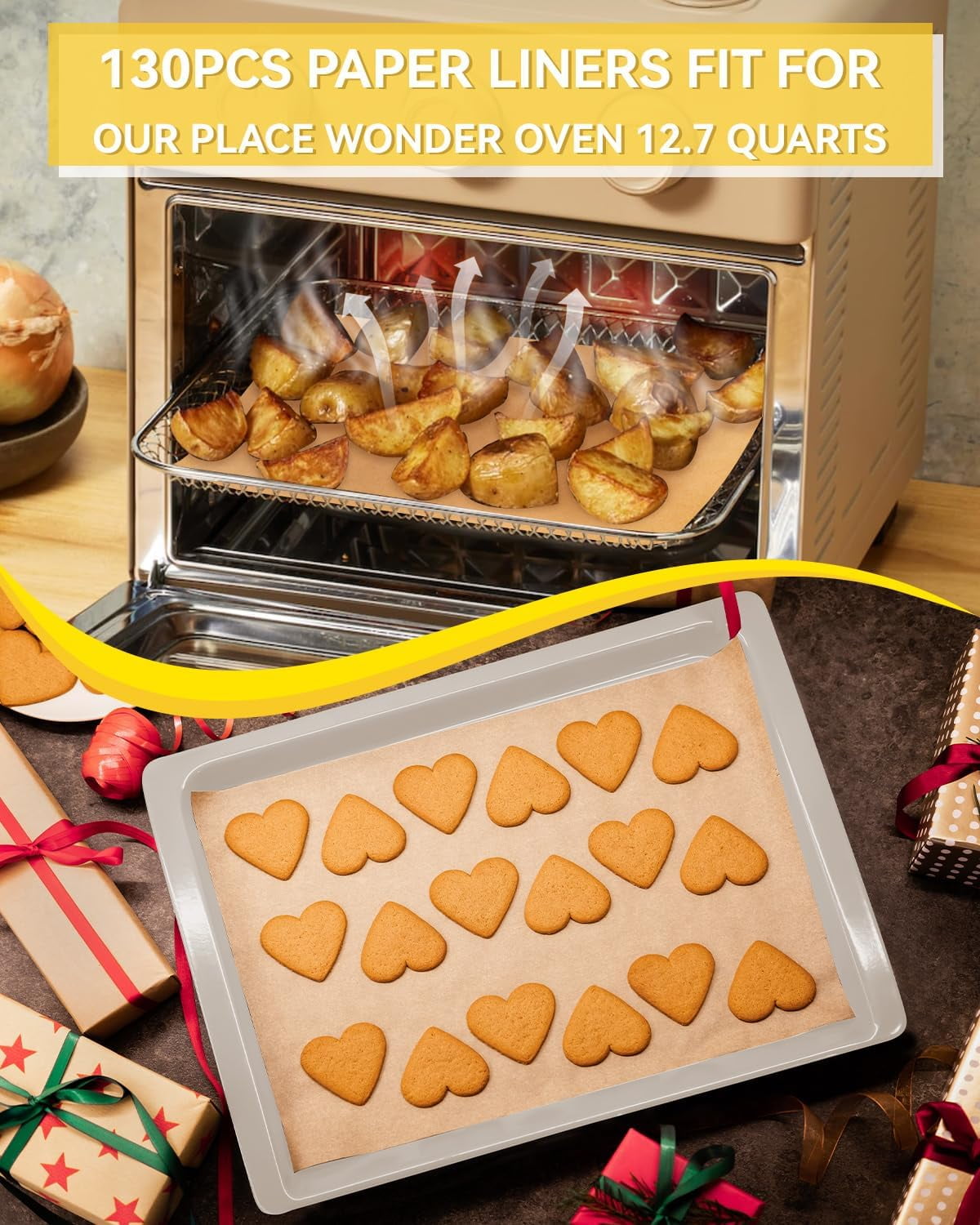 130PCS Air Fryer Liners Disposable Compatible with Our Place Wonder Oven 12.7 Quarts, Parchment Paper Sheets for Air Frying Baking Roasting, Air Fryer Toaster Oven Accessories